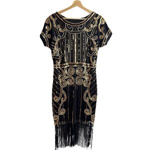 Black Flapper Dress Gold Sequin‎ Tassel Fringe Dance Performance Great Gatsby